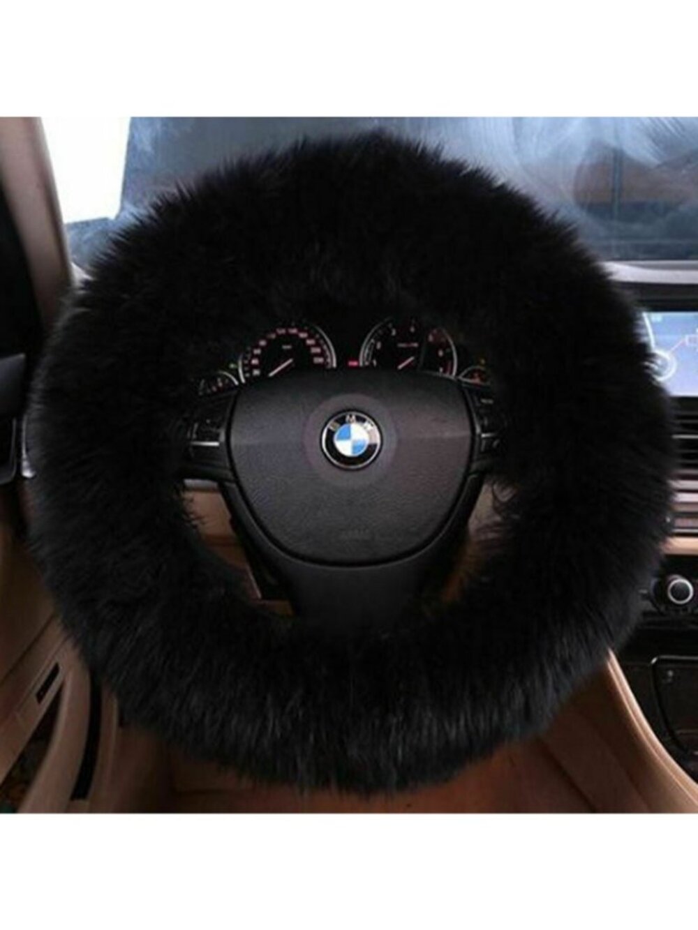 Genuine Sheepskin Steering Wheel Cover Black Fuzzy Soft Grip